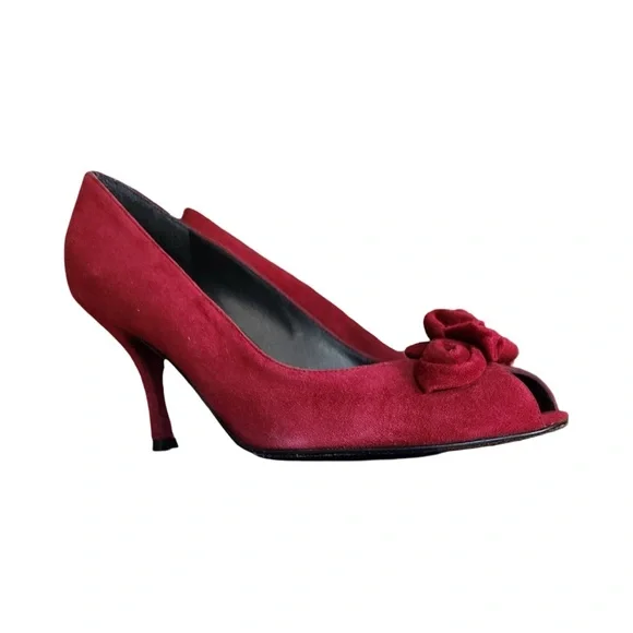 Stuart‎ Weitzman Red Suede Ruffle Bow Heels Pumps Size 9.5 - Picture 4 of 8